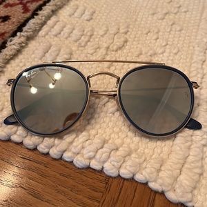 Ray-Bans Round Double Bridge Blue Trim & Gold Frame. W/ mirror lens.